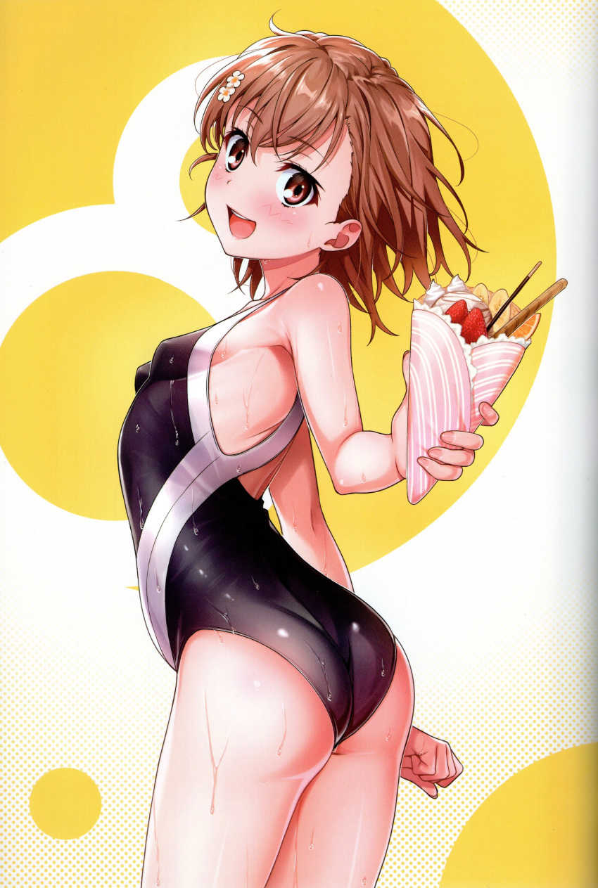 1girl absurdres ass bare_shoulders blush breasts brown_eyes brown_hair crepe food from_side hair_ornament highres holding holding_food isshi_pyuma looking_at_viewer misaka_mikoto one-piece_swimsuit open_mouth scan small_breasts solo swimsuit thighs toaru_kagaku_no_railgun toaru_majutsu_no_index