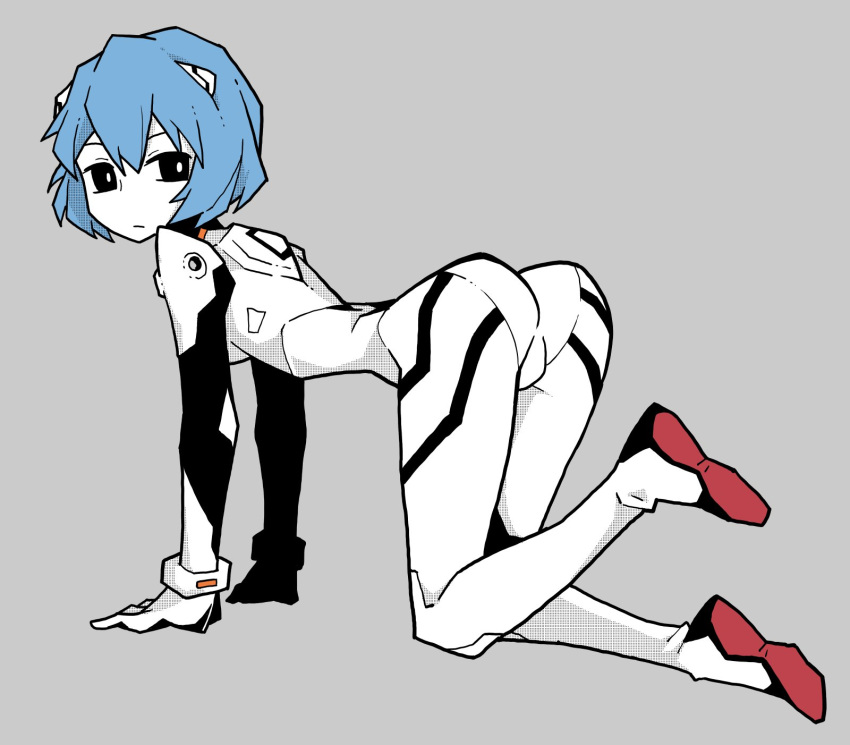 1girl akableak all_fours alternate_eye_color ass ayanami_rei black_eyes blue_hair gloves grey_background highres interface_headset kneeling looking_back neon_genesis_evangelion plugsuit short_hair simple_background solo