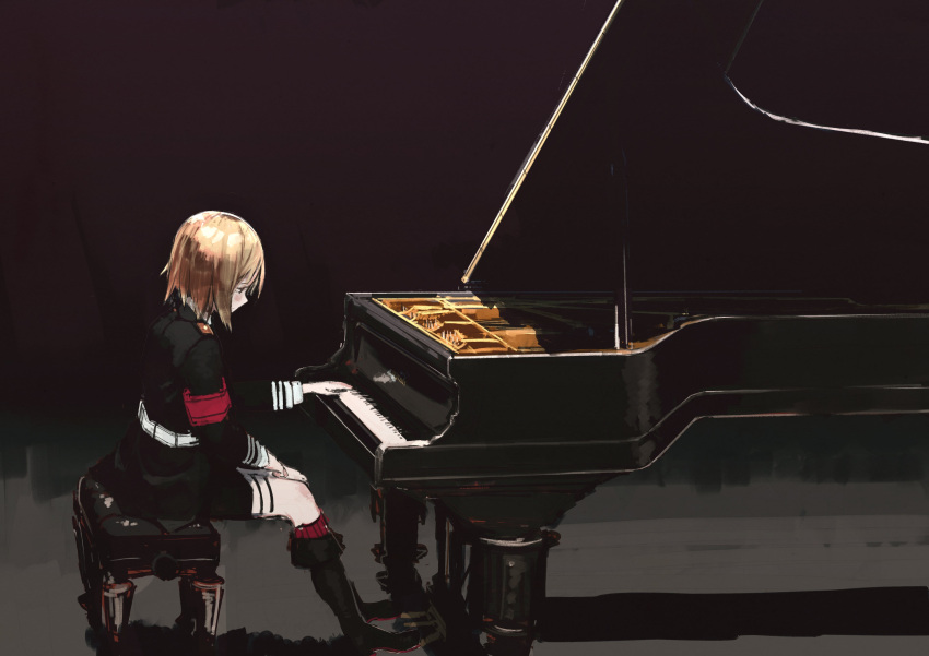 1girl absurdres akitaka_takaaki armband black_background black_footwear black_skirt blonde_hair blush boots german_clothes girls'_frontline grand_piano highres historical_connection instrument military military_uniform mp40_(girls'_frontline) music nazi piano playing_instrument playing_piano red_armband simple_background skirt thigh_strap uniform