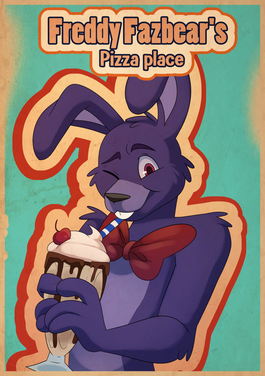 2023 absurd_res anthro beverage bonnie_(fnaf) bow_tie buckteeth cherry digital_drawing_(artwork) digital_media_(artwork) english_text five_nights_at_freddy's floppy_ears food fruit fur hi_res lagomorph leporid long_ears looking_at_viewer male mammal mandyfoxy milkshake multicolored_body multicolored_fur one_eye_closed pink_eyes plant poster purple_body purple_fur rabbit scottgames simple_background solo straw teeth text turquoise_background two_tone_body two_tone_fur