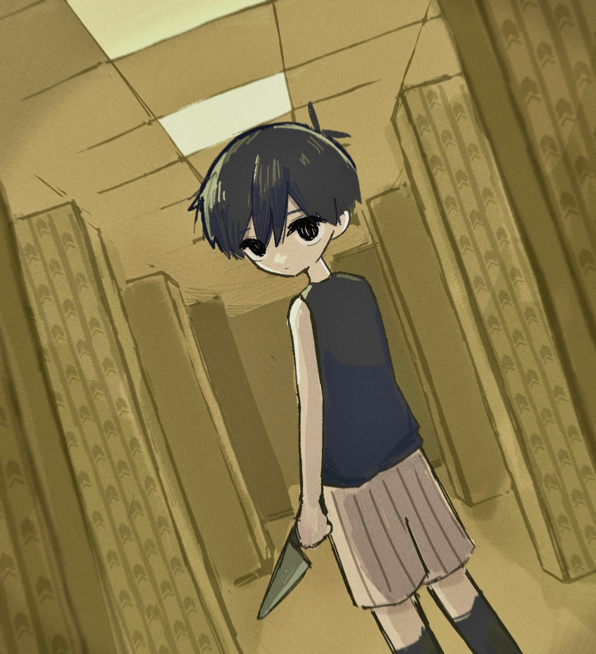 1boy antenna_hair black_eyes black_hair black_socks black_tank_top closed_mouth colored_skin hair_between_eyes highres holding holding_knife indoors knife looking_at_viewer looking_back no_pupils omori omori_(omori) shirt short_hair shorts sleeveless sleeveless_shirt socks solo striped_clothes striped_shorts tank_top user_yprm7442 vertical-striped_clothes vertical-striped_shorts white_shorts white_skin