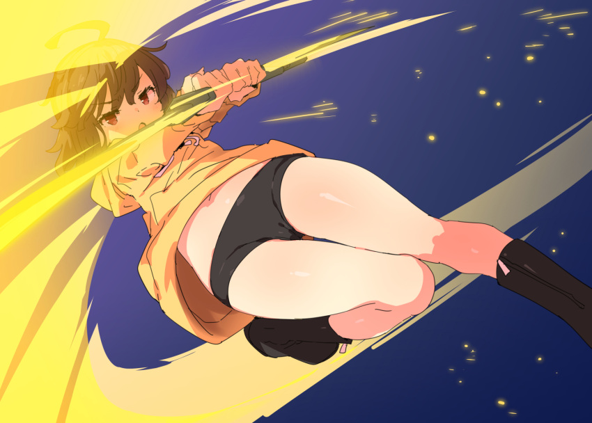 1girl boots brown_hair holding holding_sword holding_weapon linne looking_at_viewer navel open_mouth petenshi_(dr._vermilion) red_eyes shorts solo sword under_night_in-birth weapon