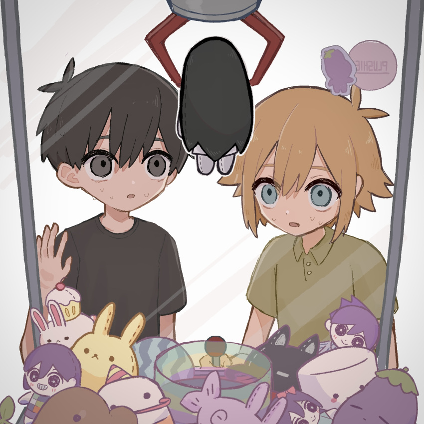 2boys aged_down antenna_hair aqua_eyes arcade aubrey_(headspace)_(omori) aubrey_(omori) basil_(faraway)_(omori) basil_(omori) black_hair black_shirt blonde_hair bright_pupils character_doll collared_shirt cupcake_bunny_(omori) fish_bunny_(omori) food fruit green_shirt grey_eyes hair_between_eyes hero_(headspace)_(omori) hero_(omori) highres jash_(omori) kel_(headspace)_(omori) kel_(omori) long_hair mari_(faraway)_(omori) mari_(omori) mewo multiple_boys omori parted_lips purple_hair shirt short_hair short_sleeves snaley_(omori) spoilers sprout_mole stuffed_animal stuffed_cat stuffed_food stuffed_toy sunny_(omori) sweat sweatdrop user_yprm7442 watermelon white_pupils