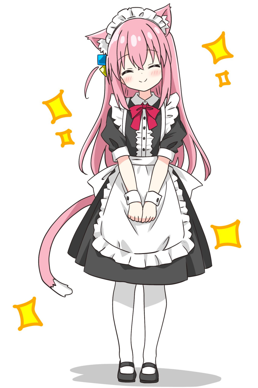 1girl ^_^ alternate_costume animal_ear_fluff animal_ears apron black_dress black_footwear blush bocchi_the_rock! buttoned_cuffs buttons cat_ears cat_girl cat_tail closed_eyes closed_mouth cube_hair_ornament dress enmaided frilled_apron frills full_body gotoh_hitori hair_ornament head_tilt highres kemonomimi_mode kotatsu_muri_3 long_hair maid maid_apron maid_headdress mary_janes neck_ribbon own_hands_together pantyhose pink_hair puffy_short_sleeves puffy_sleeves red_ribbon ribbon shoes short_sleeves simple_background smile solo sparkle standing straight-on tail v_arms waist_apron white_apron white_background white_pantyhose wrist_cuffs