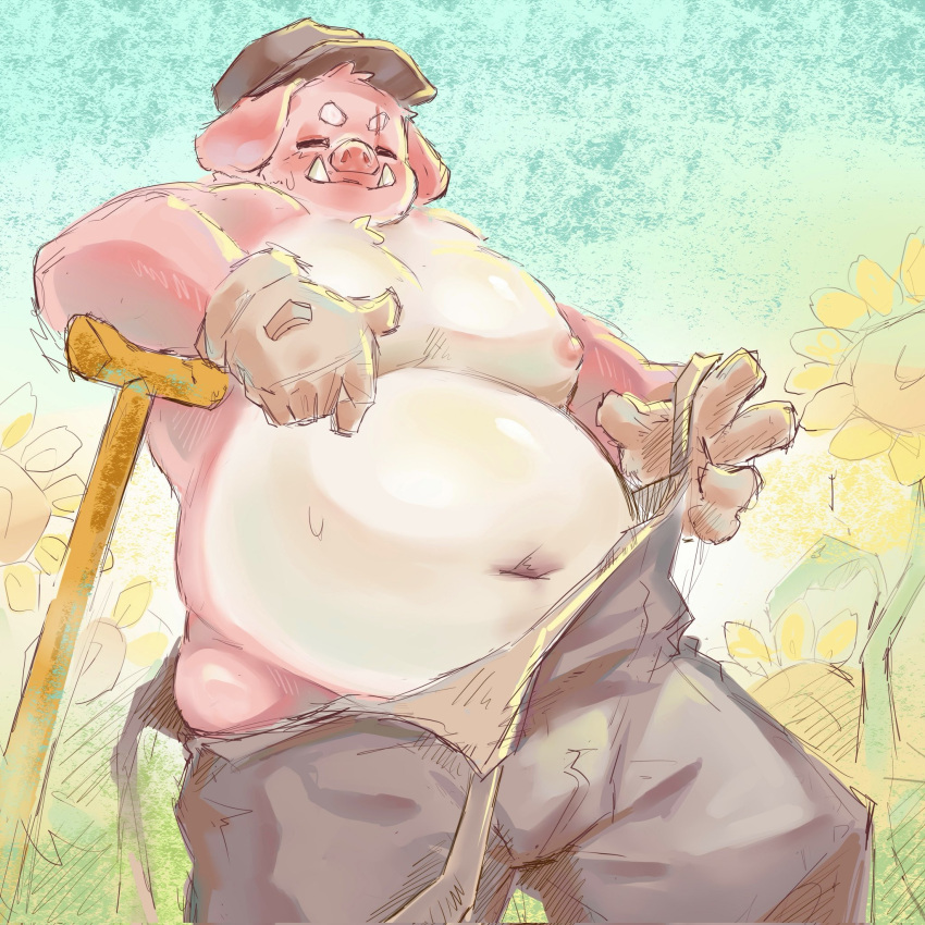 2024 anthro belly big_belly bulge clothing domestic_pig eyes_closed farmer flower gloves guoke0226 handwear hat headgear headwear hi_res humanoid_hands kemono male mammal moobs navel nipples overalls overweight overweight_male pink_body plant scar solo suid suina sunflower sus_(pig)