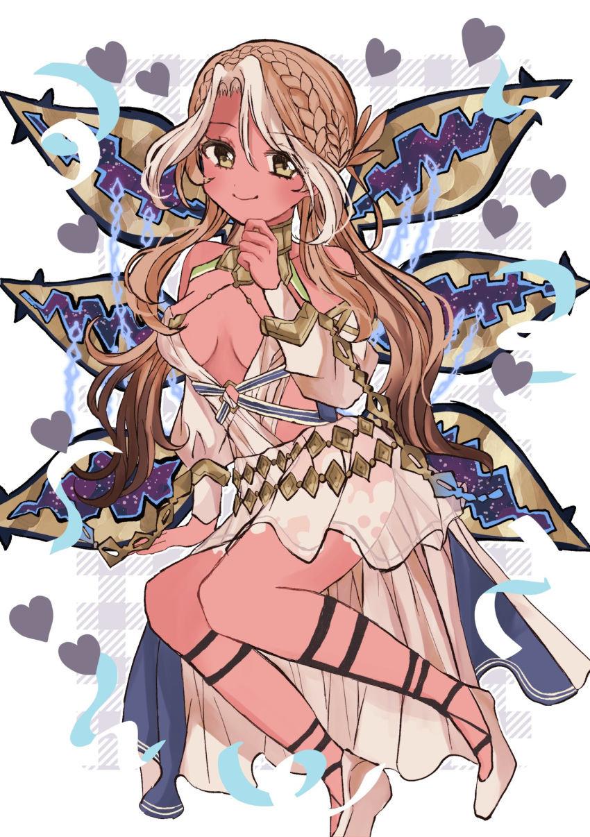 151moneco 1girl andromeda_(fate) bare_shoulders breasts brown_hair chain choker cleavage closed_mouth dark-skinned_female dark_skin detached_sleeves fate/grand_order fate_(series) green_eyes hair_ornament hand_on_own_chin heart highres long_hair medium_breasts see-through see-through_skirt shoes skirt smile solo white_footwear white_hair