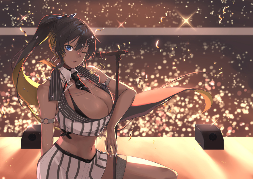 1girl absurdres bare_shoulders belly between_breasts black_hair black_necktie blonde_hair blue_eyes breasts cleavage colored_inner_hair concert dark-skinned_female dark_skin earrings fujisaki_subaru goddess_of_victory:_nikke highres horseshoe_earrings huge_breasts jewelry legwear_garter long_hair looking_at_viewer microphone microphone_stand multicolored_hair nail_polish navel necktie necktie_between_breasts noise_(classic_diva)_(nikke) noise_(nikke) official_alternate_costume one_eye_closed ponytail shorts single_legwear_garter solo thighs white_nails