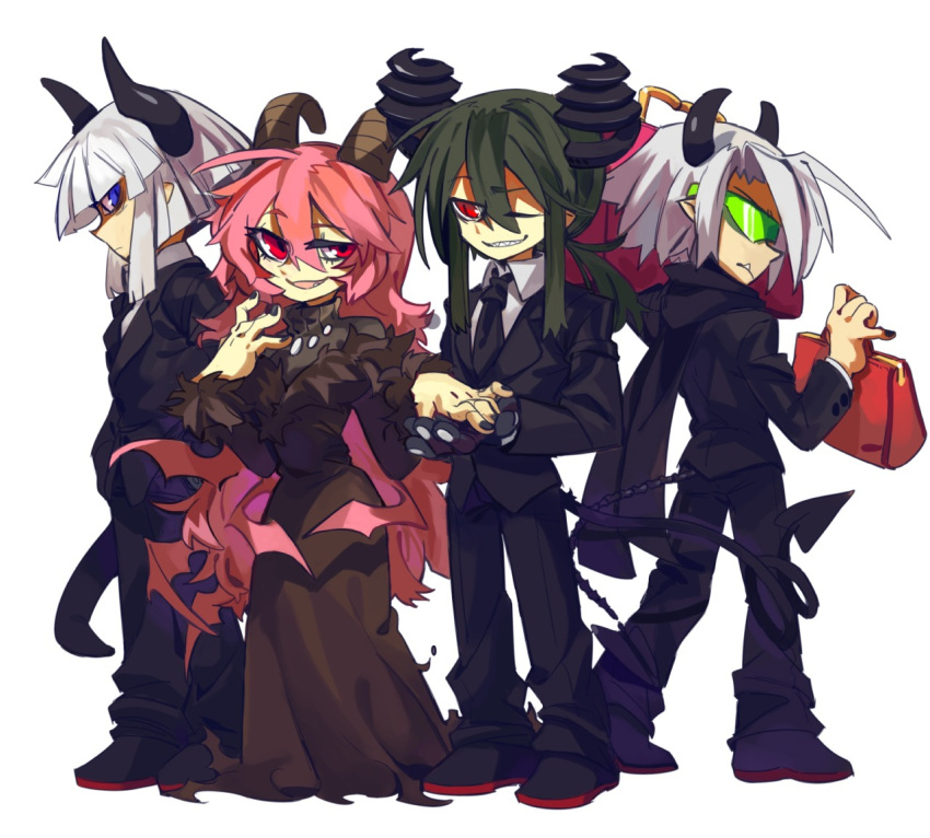 1girl 3boys anten_(sutare_yume) black_dress daimonji_(funamusea) demon_boy demon_girl demon_horns demon_wings dress funamusea green_hair horns knifedragon lil_(funamusea) long_hair maekami multiple_boys pants pink_hair red_eyes scarf suit white_hair wings