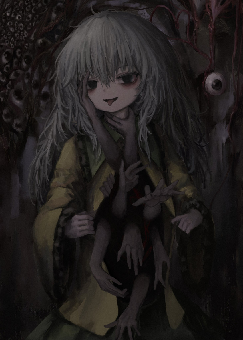 1girl blouse crazy eyeball frilled_shirt_collar frills green_skirt grey_hair highres komeiji_koishi open_clothes open_mouth reverinth shirt skirt smile solo strangling tongue tongue_out touhou wide_sleeves yellow_shirt