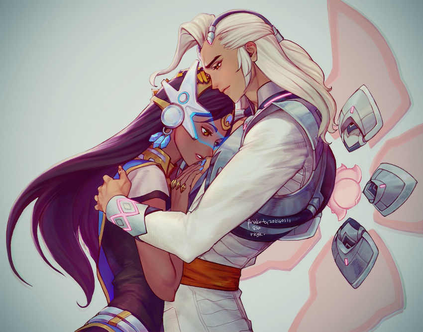 1boy 1girl berakoth black_hair comforting dark-skinned_female dark_skin dated furrowed_brow hand_on_another's_head hand_on_own_chest hug korean_commentary korean_text lifeweaver_(overwatch) long_hair long_sleeves overwatch overwatch_1 overwatch_2 simple_background sketch symmetra_(overwatch) upper_body white_background white_hair white_sleeves