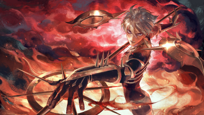 1boy absurdres armor bishounen blue_eyes commentary eyelashes fate/apocrypha fate/grand_order fate_(series) foreshortening hair_between_eyes highres holding holding_polearm holding_weapon karna_(fate) looking_at_viewer male_focus polearm sailin short_hair solo sparkle spear spiked_armor upper_body weapon white_hair