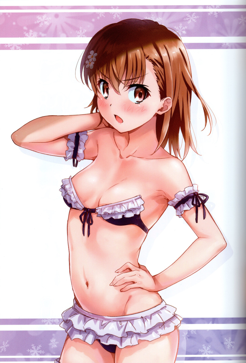 1girl absurdres arm_behind_head arm_up bare_shoulders bikini blush breasts brown_eyes brown_hair collarbone frills hair_ornament hand_on_own_hip hand_up highres isshi_pyuma layered_bikini looking_at_viewer medium_hair misaka_mikoto navel open_mouth scan small_breasts solo stomach swimsuit toaru_kagaku_no_railgun toaru_majutsu_no_index