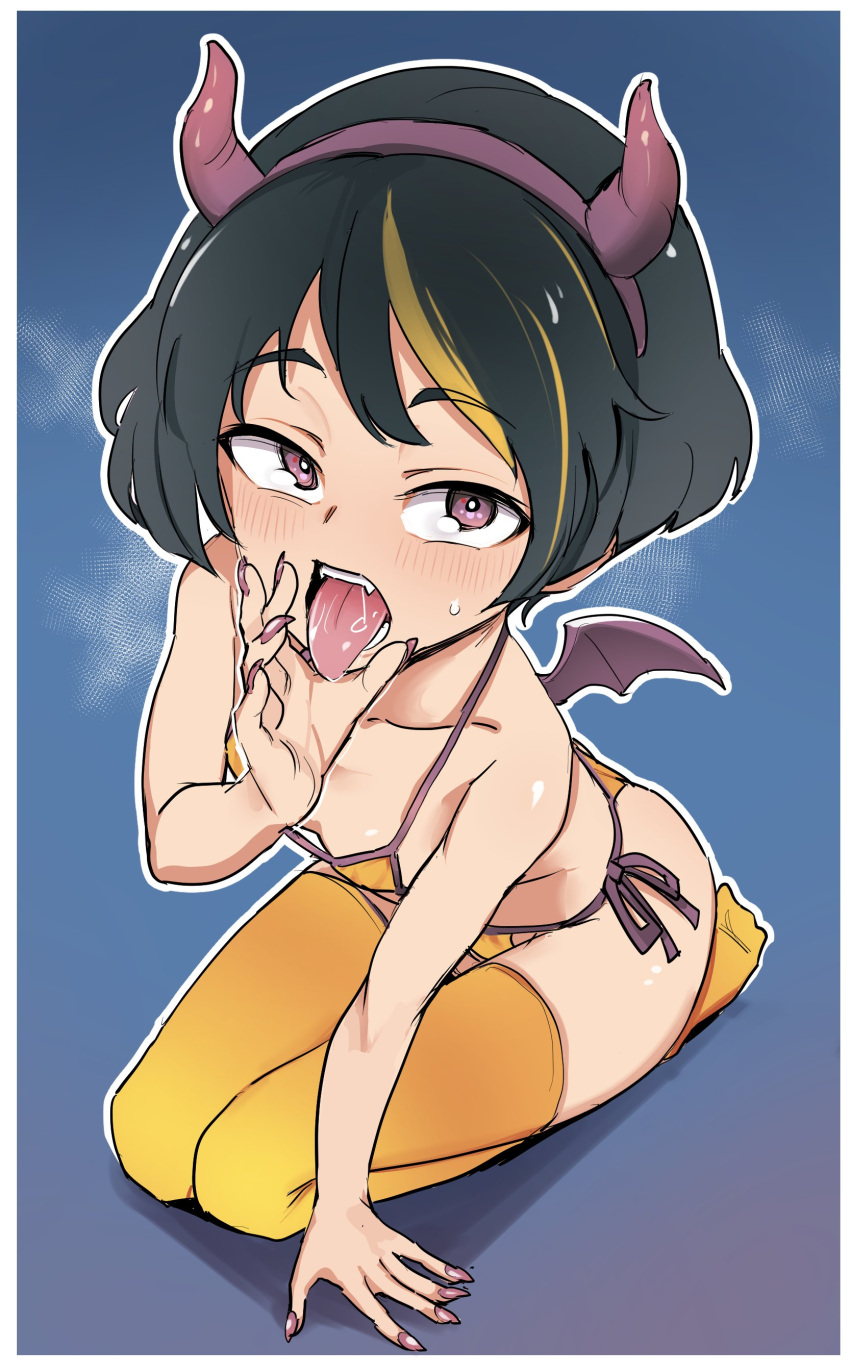 1girl absurdres aomushi_(mushamusha) arm_support bat_wings bikini black_hair blonde_hair blue_background blush bob_cut border breasts breath bright_pupils collarbone commentary demon_girl demon_horns fake_horns fellatio_gesture fingernails full_body girls_und_panzer gradient_background hairband hand_to_own_mouth highres horn_hairband horns leaning_forward long_fingernails looking_at_viewer looking_up mini_wings multicolored_hair nail_polish narrowed_eyes on_floor open_mouth purple_background purple_bikini purple_eyes purple_hairband purple_nails raised_eyebrow saliva saliva_trail seiza sexually_suggestive shadow shiny_skin short_hair side-tie_bikini_bottom sitting small_breasts solo steam streaked_hair string_bikini sweatdrop swimsuit thick_eyebrows thighhighs tongue tongue_out two-tone_bikini two-tone_hair upturned_eyes utsugi_yuuki white_border wings yellow_bikini yellow_thighhighs