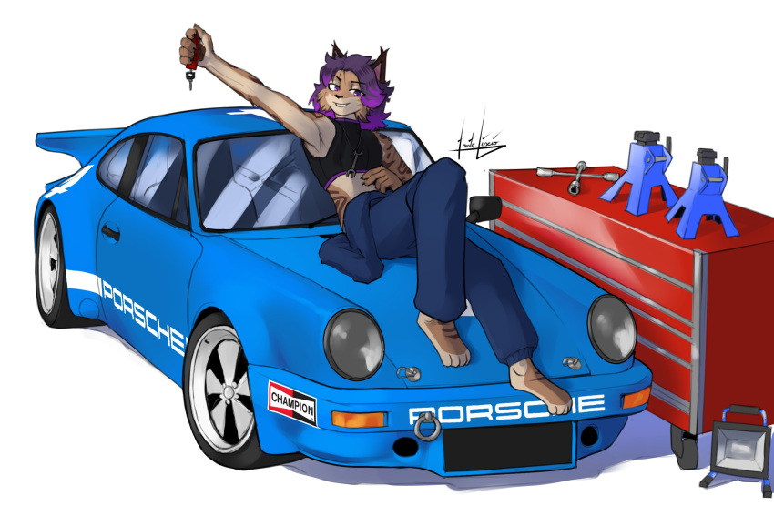 2024 3:2 4_toes 5_fingers anthro barefoot black_clothing black_nose black_topwear blue_bottomwear blue_car blue_clothing blue_pants bottomwear bra brown_body brown_fur car clothing countershade_torso countershading digital_drawing_(artwork) digital_media_(artwork) drex_the_lynx fanteliscio feet felid feline fingers fur girly hair hand_on_belly hi_res holding_key holding_object iberian_lynx key lamp looking_at_viewer lying lying_on_car lynx male mammal mechanic on_back on_car on_hood pants porsche porsche_911 purple_eyes purple_hair raised_arm signature simple_background smile solo spoiler_(car) sports_bra striped_body striped_fur stripes toes toolbox tools topwear underwear vehicle white_background workshop wrench