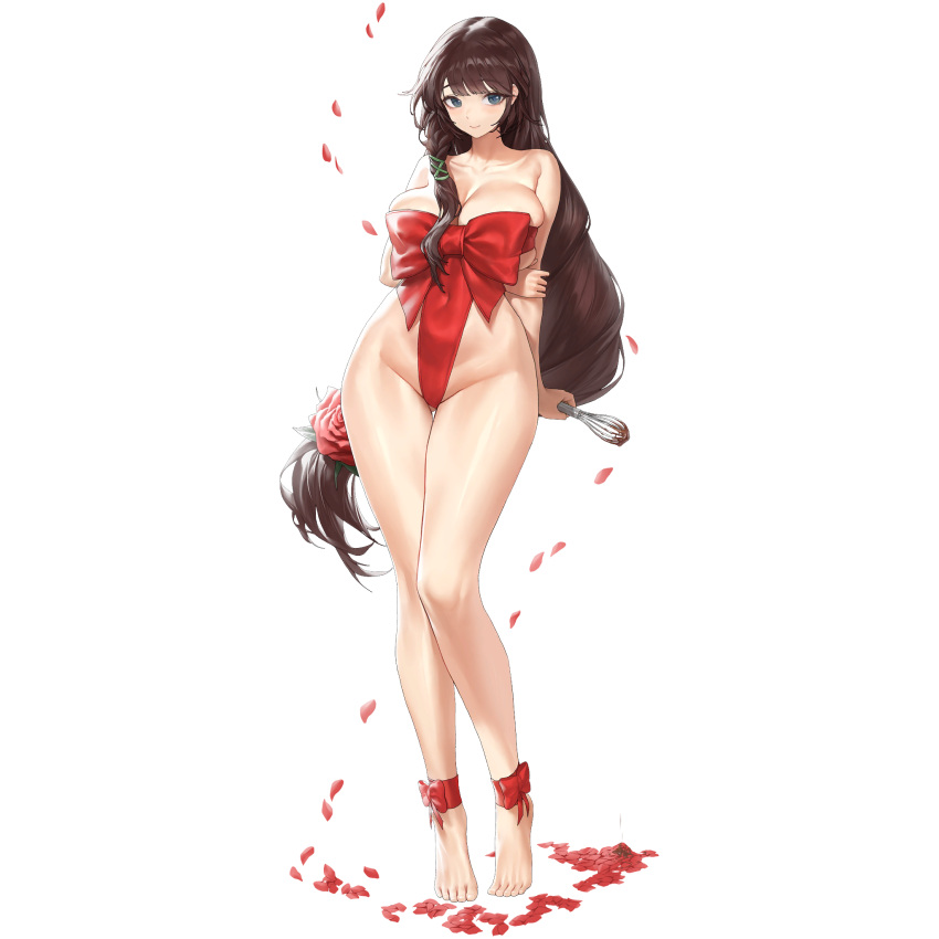 1girl ankle_ribbon arm_behind_back ass_visible_through_thighs braid breast_press breasts brown_hair chocolate cleavage closed_mouth collarbone covered_navel daphne_(last_origin) falling_petals flower full_body grey_eyes gstiyl hair_flower hair_ornament highres holding holding_own_arm holding_whisk huge_breasts last_origin leg_ribbon light_smile long_hair looking_at_viewer naked_ribbon official_alternate_costume official_art petals petals_on_ground red_flower red_ribbon red_rose ribbon rose rose_petals side_braid simple_background single_braid solo standing tachi-e third-party_source tiptoes transparent_background valentine whisk