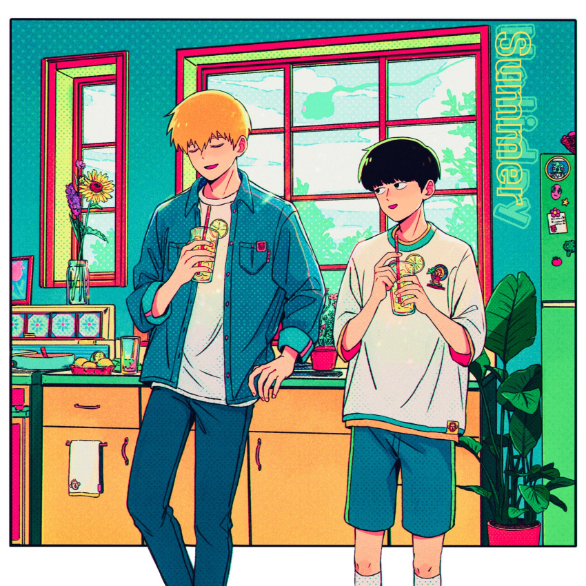 2boys absurdres black_hair blonde_hair blue_shorts closed_eyes cm_wm commentary_request cup drink drinking_straw ekubo_(mob_psycho_100) english_text flower highres holding holding_cup indoors kageyama_shigeo long_sleeves looking_at_another male_focus mob_psycho_100 multiple_boys open_mouth pants plant potted_plant reigen_arataka shirt short_hair shorts smile spirit standing white_shirt window
