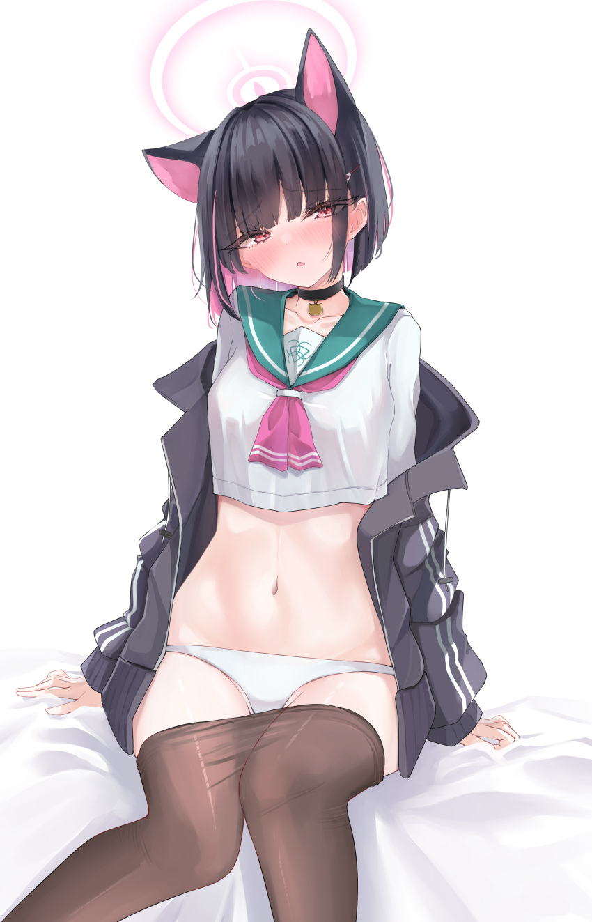 1girl absurdres animal_ears arm_support black_choker black_jacket black_pantyhose blue_archive blush cat_choker cat_ears cat_girl choker clothes_pull commentary_request cropped_shirt extra_ears green_sailor_collar hair_ornament hairclip halo highres jacket kazusa_(blue_archive) kyoken_illustrate looking_at_viewer navel neckerchief on_bed open_clothes open_jacket open_mouth panties pantyhose pantyhose_around_legs pantyhose_pull pink_hair pink_halo pink_neckerchief sailor_collar shirt simple_background sitting solo stomach underwear white_background white_panties white_shirt