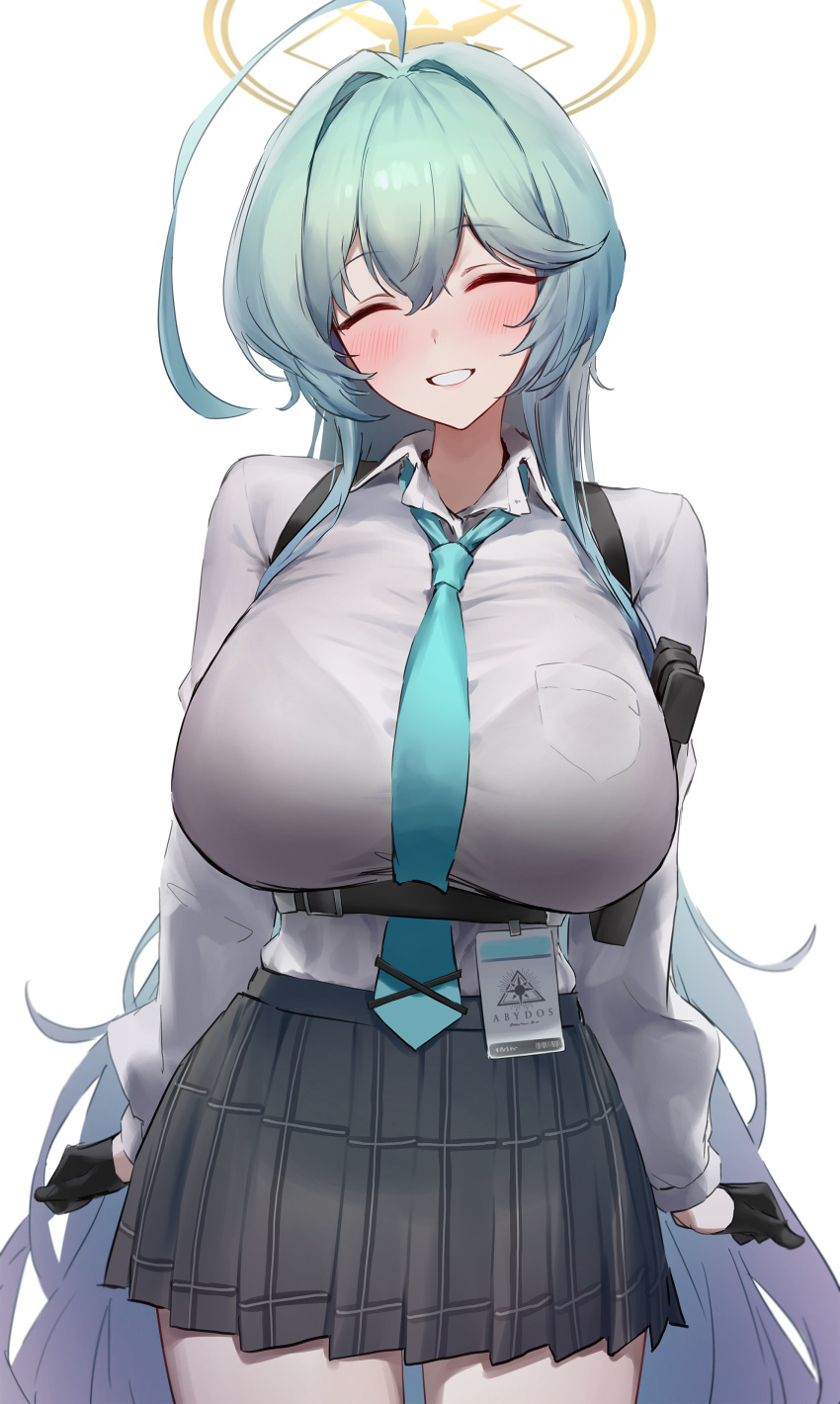 1girl absurdres ahoge black_gloves blue_archive blush breasts chest_harness closed_eyes collared_shirt gloves grey_skirt grin halo harness highres huge_breasts large_breasts long_hair long_sleeves monegi necktie shirt skirt smile solo very_long_hair white_shirt yume_(blue_archive)