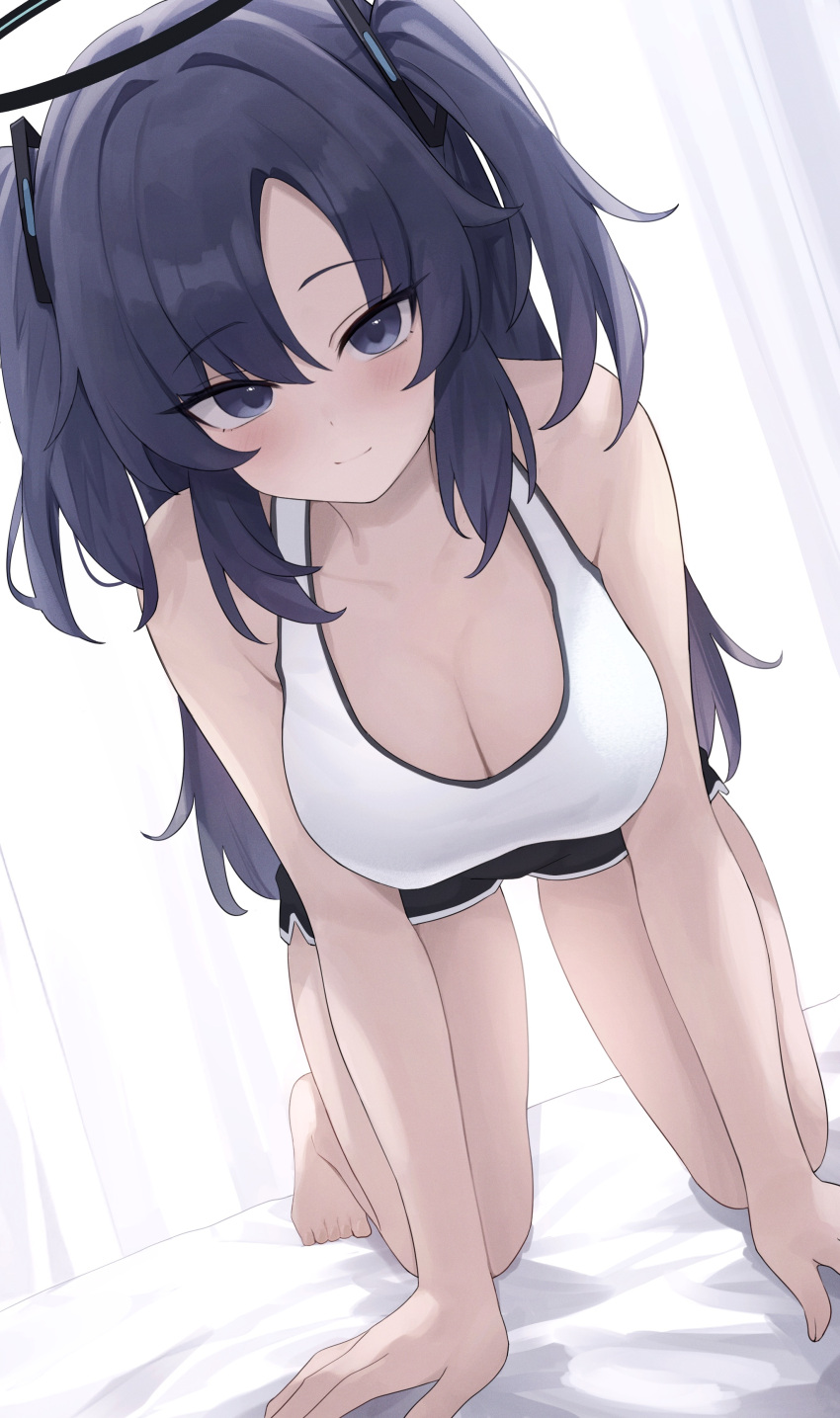 1girl absurdres all_fours black_shorts blue_archive blush breasts cleavage closed_mouth dolphin_shorts halo highres indoors large_breasts long_hair looking_at_viewer mechanical_halo purple_eyes purple_hair shorts smile solo tank_top two_side_up white_tank_top yuuka_(blue_archive) zeatto