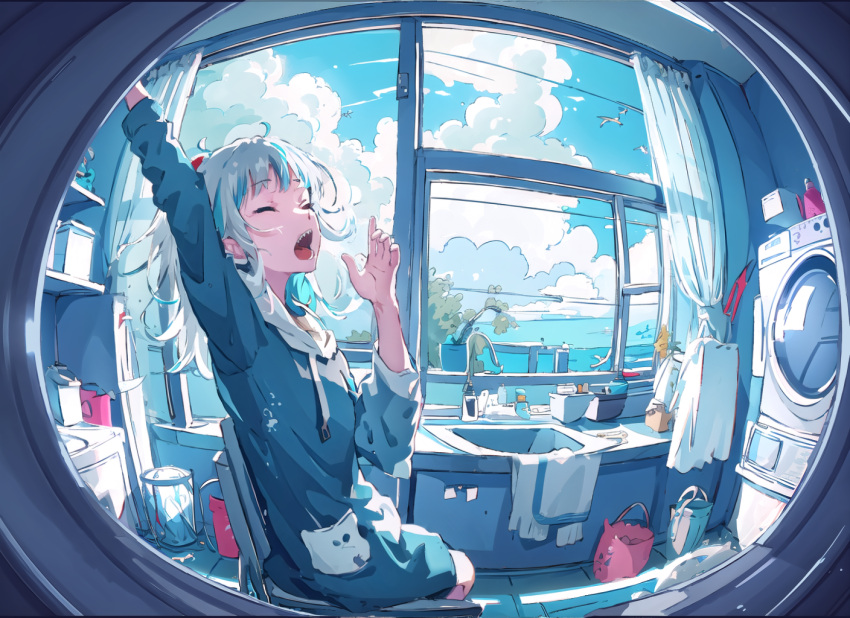 1girl ahoge ai-assisted arm_up b74 blue_hair blue_hoodie blue_sky bottle chair chinese_commentary closed_eyes cloud cloudy_sky commentary_request curtains day drawstring english_commentary fisheye gawr_gura hand_up hololive hololive_english hood hoodie indoors long_sleeves medium_hair messy_hair mixed-language_commentary multicolored_hair ocean open_mouth scenery shark_girl sharp_teeth shelf sink sitting sky solo streaked_hair stretching teeth towel trash_can two-tone_hair upper_teeth_only virtual_youtuber washing_machine water white_hair window yawning