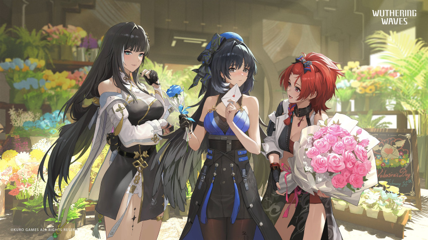 3girls absurdres bailian_(wuthering_waves) black_hair blue_flower bouquet breasts chixia_(wuthering_waves) embarrassed flower hair_between_eyes happy_valentine heart highres holding holding_bouquet holding_flower large_breasts letter long_hair looking_at_viewer medium_hair multiple_girls official_art pink_flower red_hair wuthering_waves yangyang_(wuthering_waves)