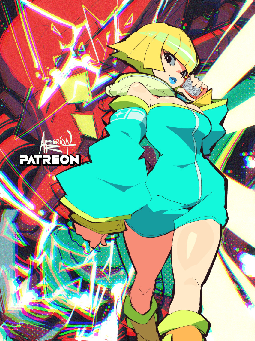 1boy 1girl absurdres aetherion bare_shoulders bel_(bomb_rush_cyberfunk) blue_jumpsuit blue_lips bob_cut bomb_rush_cyberfunk boots breasts cellphone cleavage covered_face cyberhead flip_phone highres holding holding_phone jewelry jumpsuit large_breasts looking_at_viewer neck_ring patreon_username phone red_(bomb_rush_cyberfunk) short_jumpsuit standing