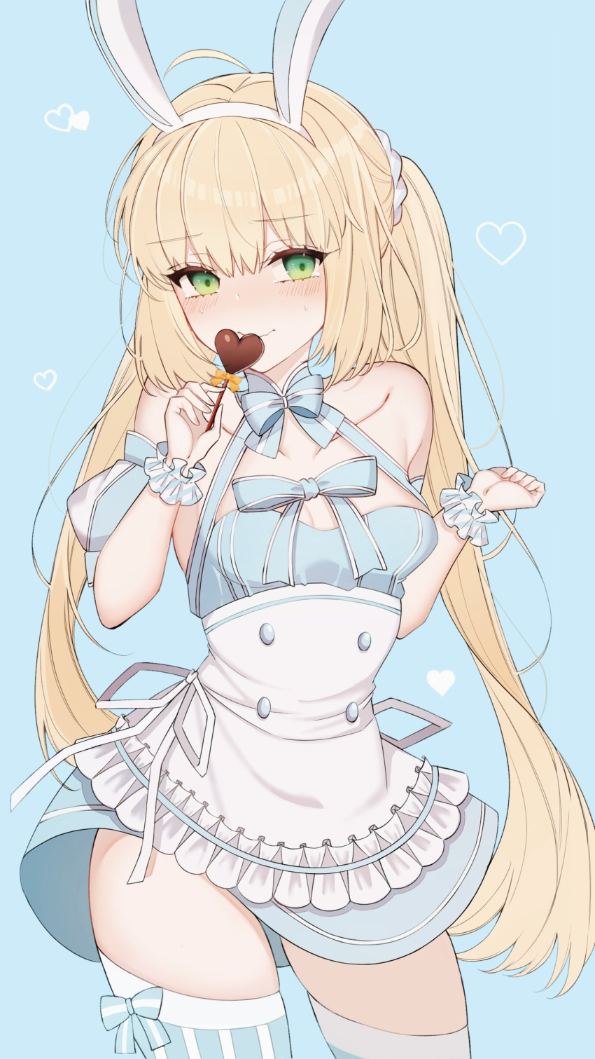 1girl absurdres ahoge animal_ears argyle argyle_legwear artoria_caster_(fate) artoria_caster_(swimsuit)_(fate) artoria_caster_(swimsuit)_(second_ascension)_(fate) artoria_pendragon_(fate) bare_shoulders blonde_hair blue_dress blue_thighhighs blush breasts candy chocolate dress fake_animal_ears fate/grand_order fate_(series) food green_eyes hairband heart heart-shaped_chocolate highres long_hair looking_at_viewer mati5572 puffy_short_sleeves puffy_sleeves rabbit_ears short_sleeves skirt small_breasts solo striped_clothes striped_thighhighs thighhighs thighs twintails white_skirt