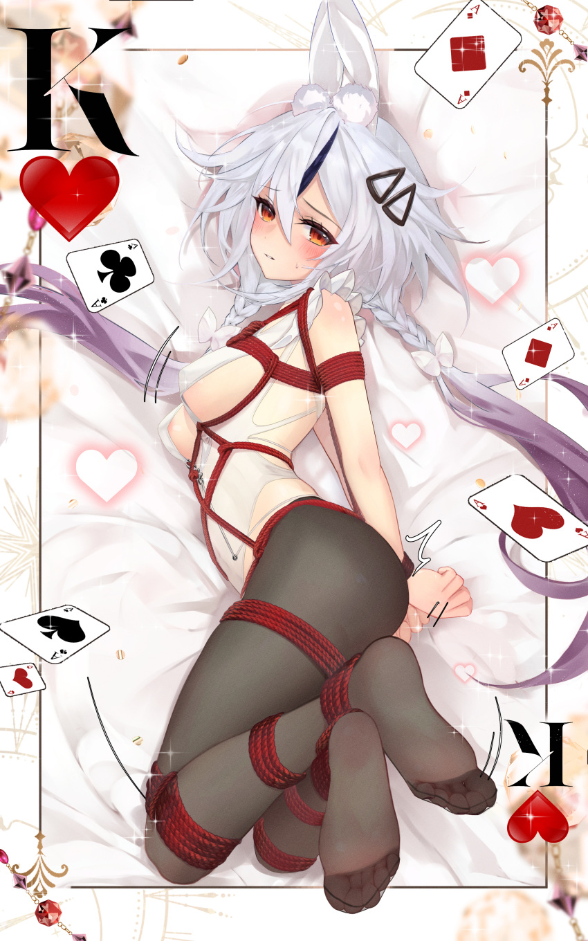 1girl absurdres animal_ears bdsm black_pantyhose blush bondage bound breasts commentary_request commission cosplay_request fake_animal_ears feet full_body gradient_hair hair_ornament hairclip heart highres king_(playing_card) king_of_hearts_(playing_card) long_hair medium_breasts meisansan multicolored_hair neptune_(series) no_shoes pantyhose playboy_bunny purple_hair rabbit_ears red_eyes restrained second-party_source shibari shin_jigen_game_neptune_vii sideboob soles solo tennouboshi_uzume toes twintails variant_set very_long_hair white_hair