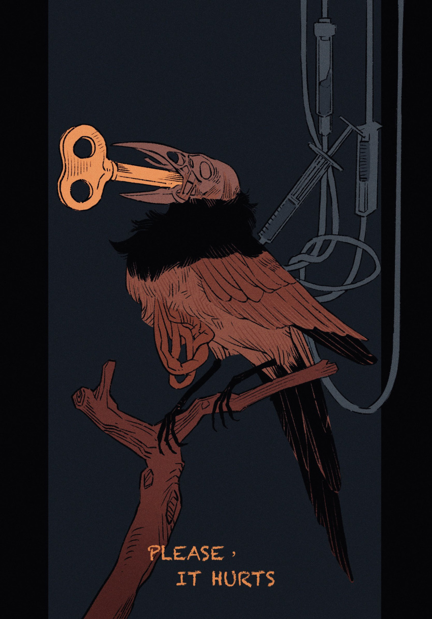 1other 277534776 animal bird bird_skull branch english_text feathered_wings feathers highres needle pain scp-7931 scp_foundation simple_background talons winding_key wings