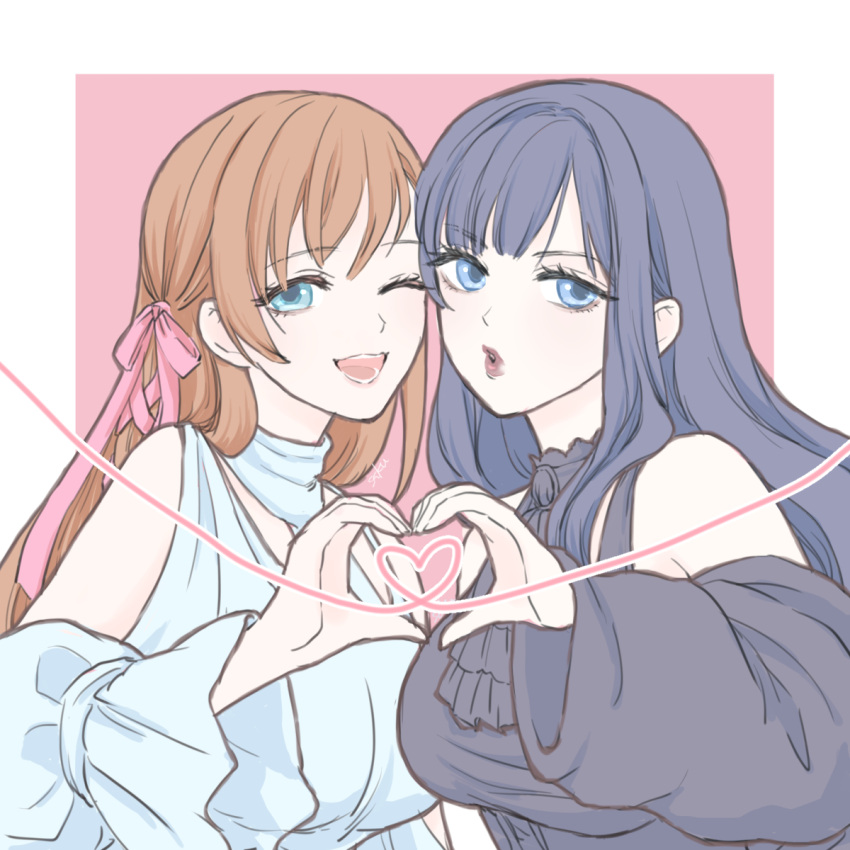 2girls :o ;d ascot bare_shoulders black_ascot black_dress black_hair blue_eyes border detached_sleeves dress final_fantasy final_fantasy_xiv gaia_(ff14) hair_ribbon hand_up heads_together heart heart_hands heart_hands_duo highres hyur long_hair looking_at_viewer multiple_girls one_eye_closed open_mouth orange_hair outstretched_arm pink_background ribbon ryne_waters saku_ff11 simple_background smile upper_body white_border white_dress