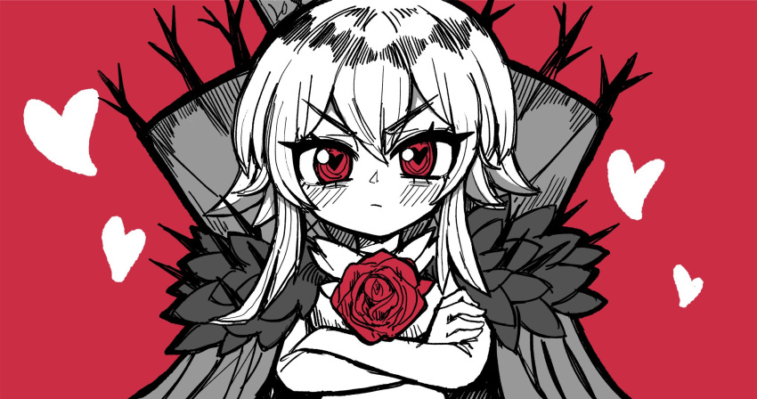 1girl black_souls cape closed_mouth crossed_arms flower frown hair_between_eyes heart heart-shaped_pupils highres koshou_shou_mitsu long_hair looking_at_viewer lorina_(black_souls) red_background red_eyes red_flower red_rose rose solo straight-on symbol-shaped_pupils upper_body v-shaped_eyebrows