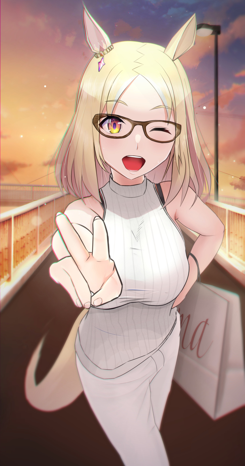 1girl absurdres animal_ears bare_shoulders blonde_hair blush bridge brown-framed_eyewear commentary_request ear_covers ear_ornament feet_out_of_frame glasses hand_on_own_hip highres horse_ears lamppost looking_at_viewer medium_hair mikazuki_ukie narita_top_road_(umamusume) navel one_eye_closed open_mouth outdoors pants ribbed_sweater single_ear_cover sleeveless sleeveless_sweater smile solo standing sunset sweater teeth umamusume upper_teeth_only v white_pants