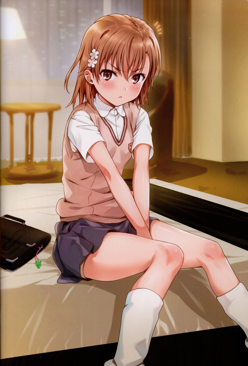 1girl absurdres bed bed_sheet blush briefcase brown_eyes brown_hair closed_mouth hair_ornament highres indoors isshi_pyuma looking_at_viewer medium_hair misaka_mikoto scan school_briefcase school_uniform shirt short_sleeves sitting skirt socks thighs toaru_kagaku_no_railgun toaru_majutsu_no_index vest white_shirt