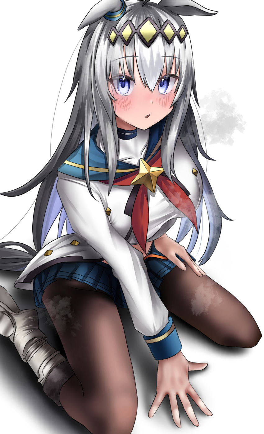 1girl absurdres ahoge animal_ears bag belt black_pantyhose blue_eyes blue_skirt chestnut_mouth commentary_request grey_belt grey_hair highres horse_ears horse_girl horse_tail legs long_hair long_sleeves looking_at_viewer midriff_peek multicolored_hair navel neckerchief oguri_cap_(umamusume) on_ground open_mouth pantyhose paper_bag po_musubi red_neckerchief sailor_collar shirt simple_background sitting skirt soles solo streaked_hair tail toes umamusume visible_air wariza white_background white_shirt