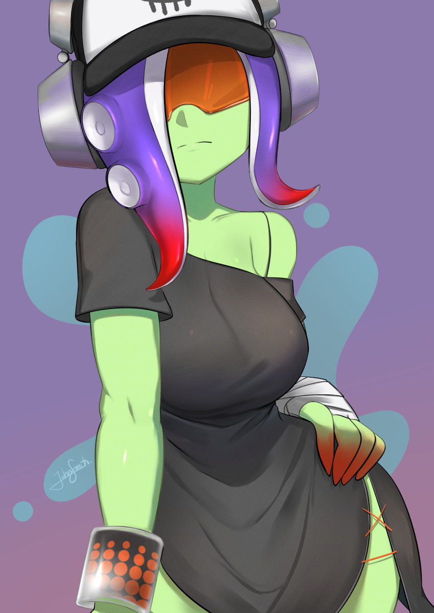 1girl armpit_crease bare_shoulders black_dress breasts closed_mouth commentary_request dedf1sh dress gradient_background gradient_hair headphones highres john_(a2556349) large_breasts long_hair multicolored_hair purple_background purple_hair red-tinted_eyewear red_hair sanitized_(splatoon) side_slit single_bare_shoulder solo splatoon_(series) splatoon_3 splatoon_3:_side_order tentacle_hair tinted_eyewear two-tone_hair