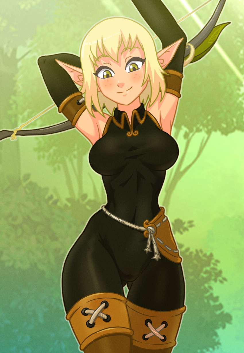 2024 absurd_res ankama bangs blonde_hair breasts centinel303 cra elf evangelyne_(wakfu) female freckles_on_face green_eyes hair hi_res humanoid humanoid_pointy_ears not_furry raised_arms solo thigh_gap wakfu wide_hips