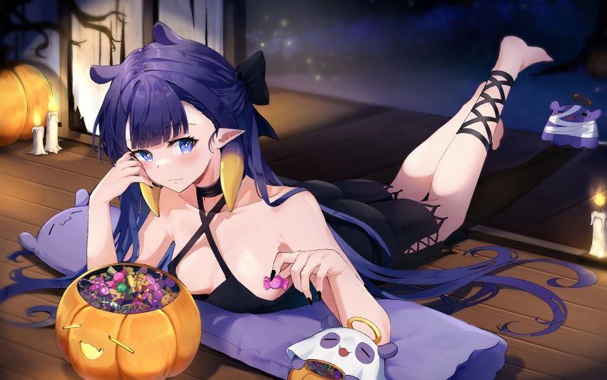 1girl absurdres alternate_costume ass bare_shoulders barefoot black_dress black_nails black_ribbon blue_eyes blue_hair breasts candle candy closed_mouth criss-cross_halter dress english_commentary food hair_ribbon halterneck hand_on_own_cheek hand_on_own_face highres holding holding_candy holding_food hololive hololive_english indoors long_hair looking_at_viewer lucferz lying medium_breasts night ninomae_ina'nis on_stomach pointy_ears pumpkin ribbon smile solo takodachi_(ninomae_ina'nis) the_pose virtual_youtuber