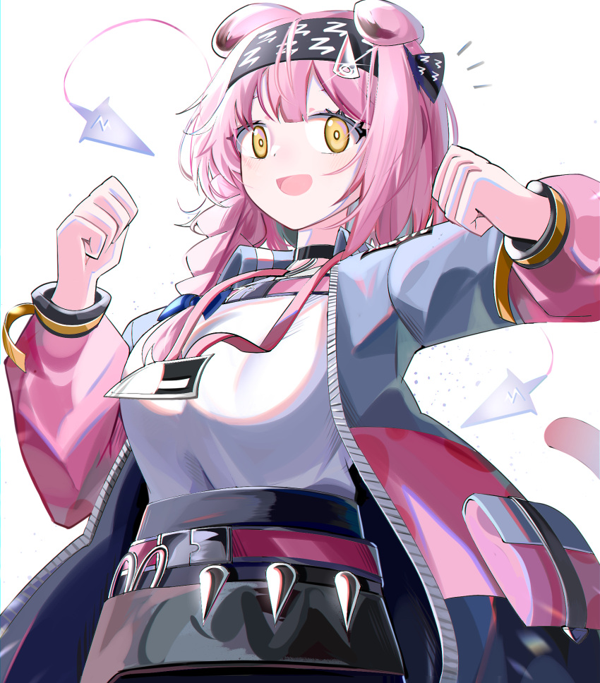 1girl :d animal_ears arknights black_hairband black_skirt blue_bow bow braid breasts cat_ears cat_girl cat_tail clenched_hands goldenglow_(arknights) grey_jacket hair_bow hair_over_shoulder hairband hands_up highres jacket lanyard lightning_bolt_print long_hair long_sleeves medium_breasts open_clothes open_jacket pink_hair print_hairband puffy_long_sleeves puffy_sleeves shirt simple_background single_braid skirt smile solo spam_(spamham4506) tail white_background white_shirt yellow_eyes