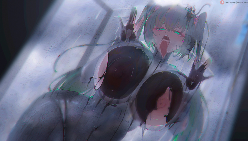 1girl absurdres against_glass alternate_breast_size blush breast_press breasts breasts_on_glass demon_girl eyes_visible_through_hair green_eyes hatsune_miku highres housou-kun huge_breasts large_breasts licking looking_at_viewer multicolored_hair nipples open_mouth parasite saliva saliva_trail solo twintails