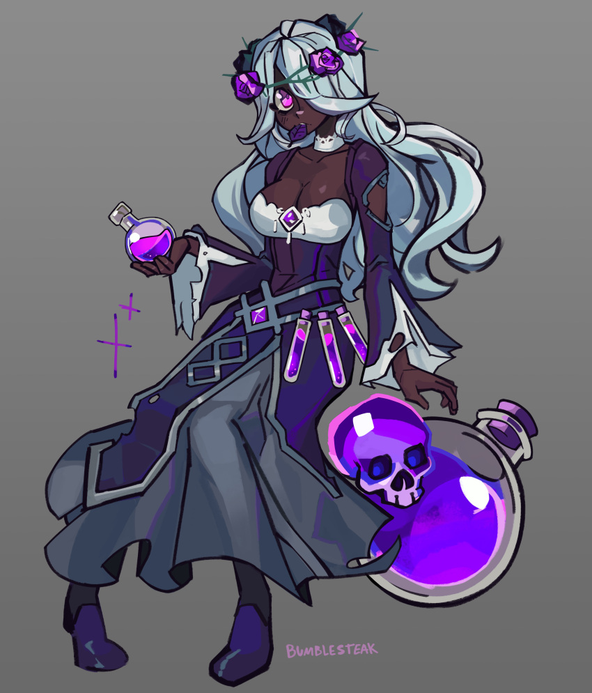 1girl absurdres artist_name bad_link belt breasts bumblesteak dark-skinned_female dark_skin english_text flower grey_background hair_flower hair_ornament highres large_breasts leaf nose original potion purple_eyes skull vial white_hair