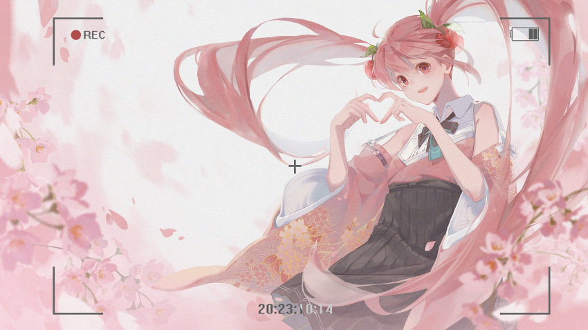 black_bow black_bowtie black_skirt blue_bow blue_bowtie bow bowtie cherry_blossoms cherry_hair_ornament collared_dress commentary detached_sleeves dress floral_print food-themed_hair_ornament fruit_hair_ornament hair_ornament hatsune_miku heart heart_hands highres long_hair looking_at_viewer multicolored_bowtie open_mouth pink_eyes pink_hair pink_sleeves pleated_skirt recording sakura_miku sesshi skirt teeth twintails upper_teeth_only very_long_hair viewfinder vocaloid
