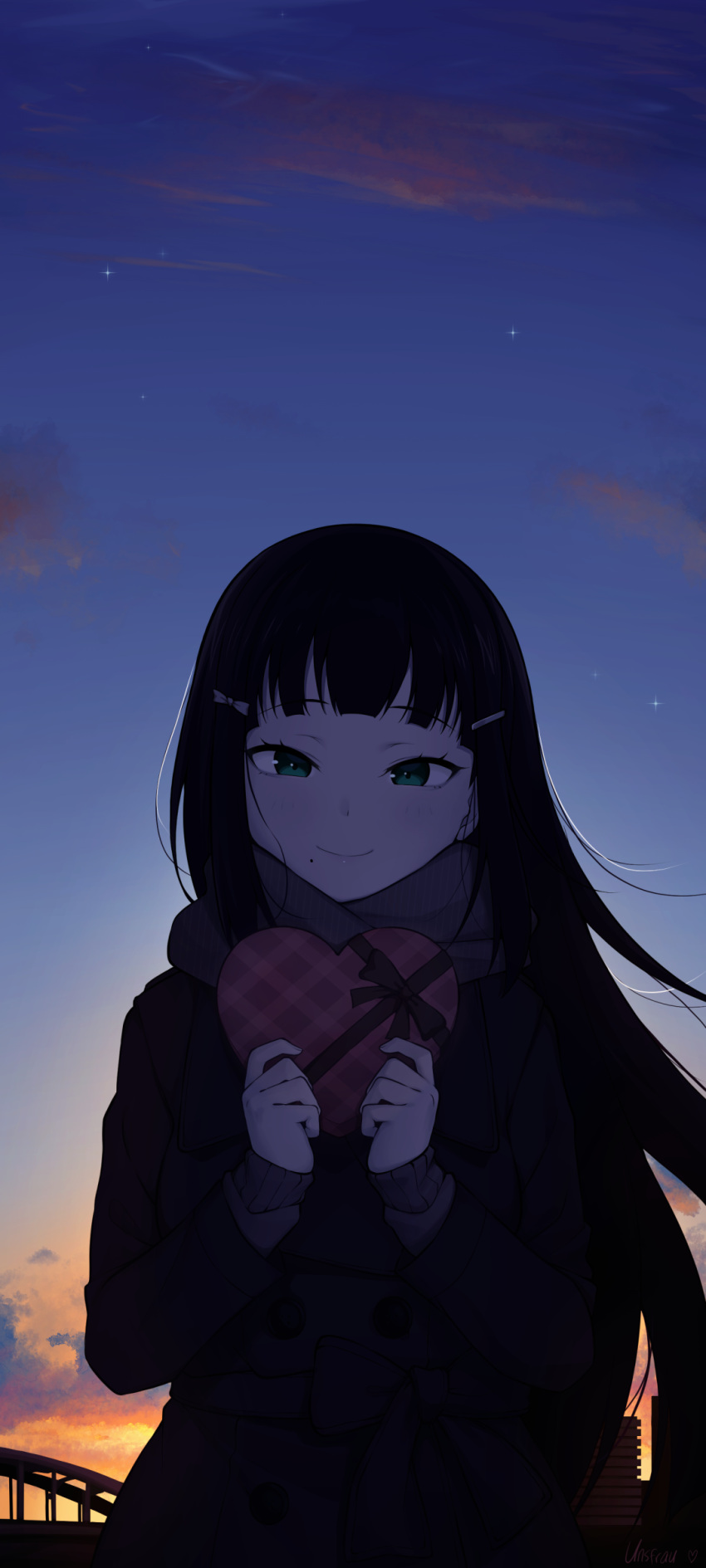 1girl absurdres aqua_eyes backlighting black_hair blunt_bangs blush bow box closed_mouth cloud coat evening gift gradient_sky hair_ornament hairclip heart heart-shaped_box highres holding holding_box holding_gift horizon kurosawa_dia long_hair long_sleeves looking_at_viewer love_live! love_live!_sunshine!! mole mole_under_mouth outdoors ribbon scarf scenery sky smile solo star_(sky) sunset tie_clip unsfrau valentine