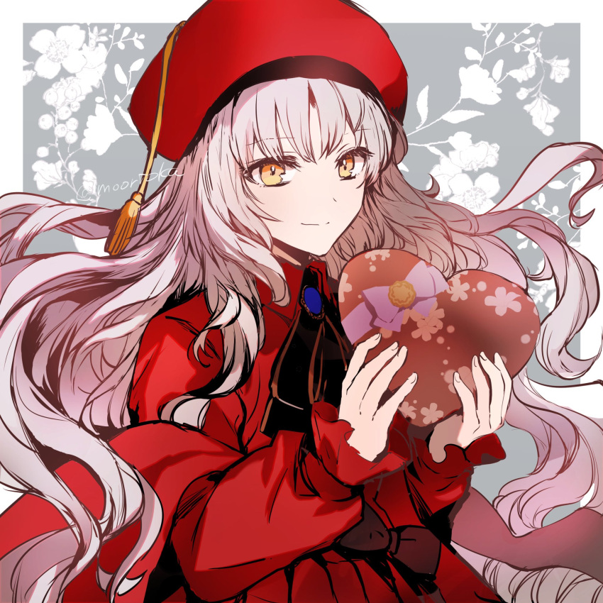 1girl beret box breasts brooch caren_hortensia caren_hortensia_(amor_caren) caren_hortensia_(amor_caren)_(second_ascension) dress fate/grand_order fate_(series) hat heart-shaped_box highres jewelry long_hair long_sleeves looking_at_viewer medium_breasts neck_ribbon red_dress red_headwear ribbon rioka_(southern_blue_sky) shawl smile solo valentine wavy_hair white_hair yellow_eyes