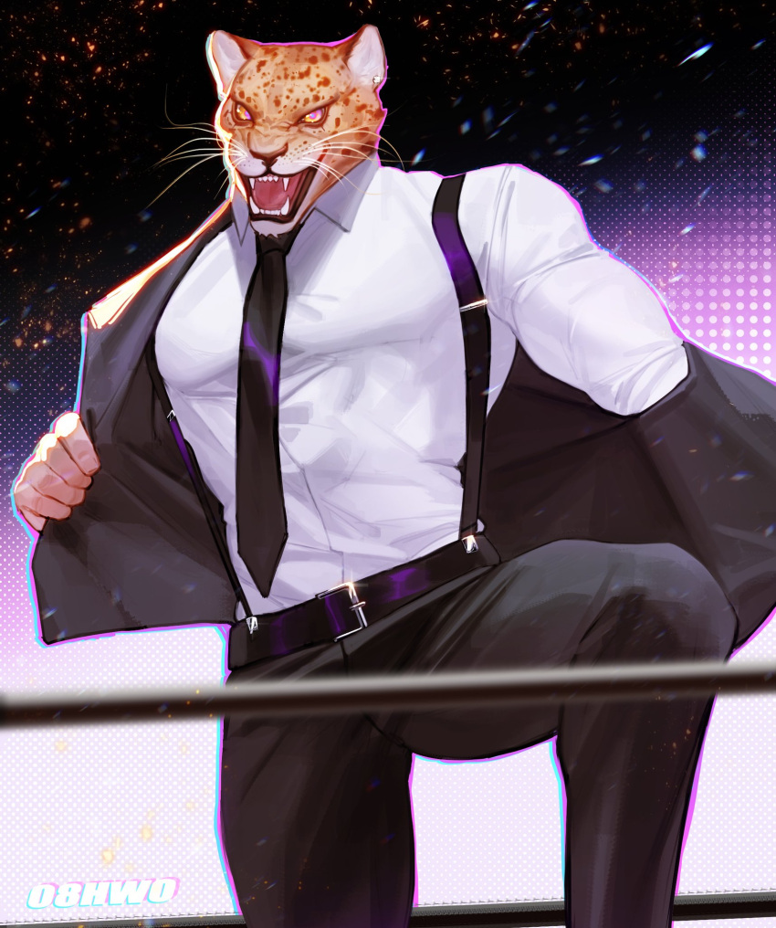 1boy animal_ears animal_head artist_name bara black_necktie highres jaguar_boy jaguar_ears king_(tekken) male_focus muscular muscular_male necktie simple_background smile solo suspenders taking_off tekken tekken_8 tiger_boy yanh_hyung