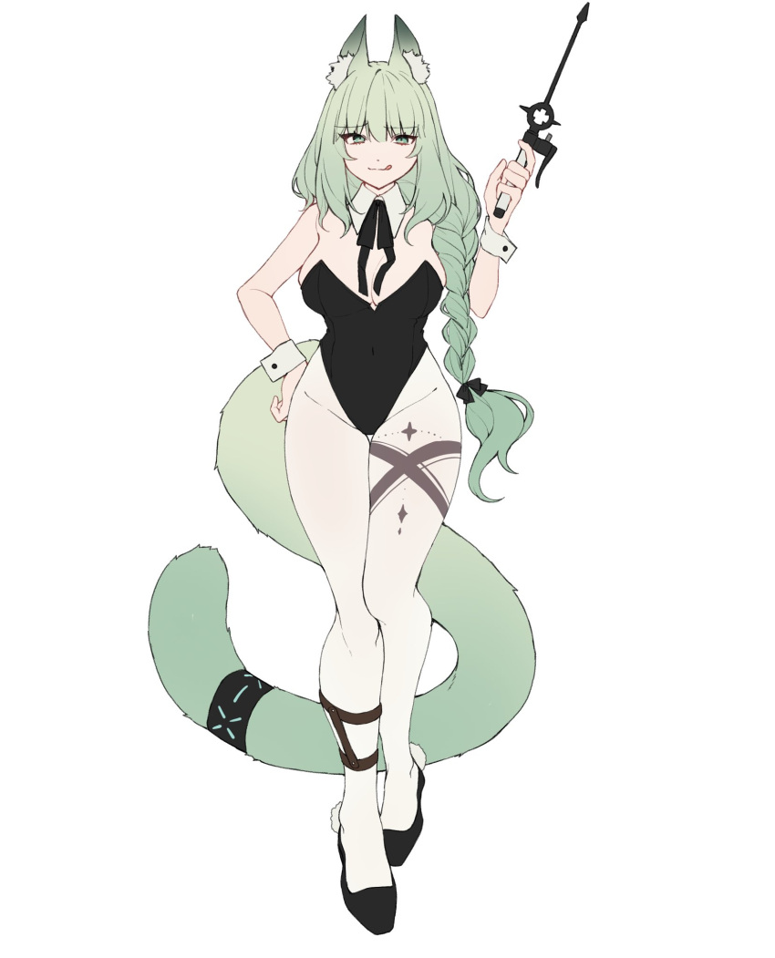 1girl :q alternate_costume animal_ear_fluff animal_ears arknights bare_shoulders black_bow black_footwear black_leotard black_ribbon bow breasts cat_ears cat_tail cleavage closed_mouth covered_navel detached_collar dot_nose goma_74umai green_eyes green_hair hair_between_eyes hair_bow hand_on_own_hip hand_up harmonie_(arknights) high_heels highleg highleg_leotard highres holding infection_monitor_(arknights) large_breasts large_tail legs_together leotard long_bangs long_hair looking_at_viewer low-braided_long_hair neck_ribbon pantyhose pom_pom_(clothes) ribbon shoes sidelocks smile solo strapless strapless_leotard tail tail_ornament tongue tongue_out wand white_background white_pantyhose wrist_cuffs