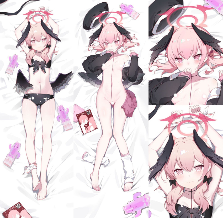 1girl beret bikini black_bikini black_headwear black_shirt black_wings blue_archive blush book breasts censored closed_mouth dakimakura_(medium) hair_between_eyes halo haniwa_(statue) hat head_wings heart heart_censor highres koharu_(blue_archive) koharu_(swimsuit)_(blue_archive) leaf_print long_hair long_sleeves loose_socks low_twintails lying multiple_views navel official_alternate_costume on_back open_clothes open_shirt pink_eyes pink_hair pink_halo pleated_skirt print_bikini red_skirt sailor_collar sailor_shirt shirt skirt small_breasts socks swimsuit twintails white_sailor_collar white_socks wings you_guo_chaocai