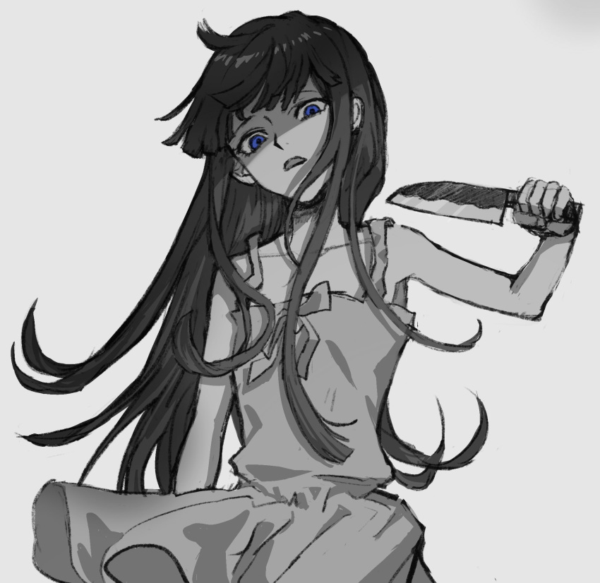 1girl bare_arms blue_eyes blunt_bangs collarbone dress flat_chest furude_rika highres higurashi_no_naku_koro_ni hime_cut holding holding_knife imminent_death imminent_suicide kitchen_knife knife looking_at_viewer meakashi-hen monochrome nasu_(nasuotabe) open_mouth ribbon shaded_face sidelocks sleeveless sleeveless_dress solo spot_color