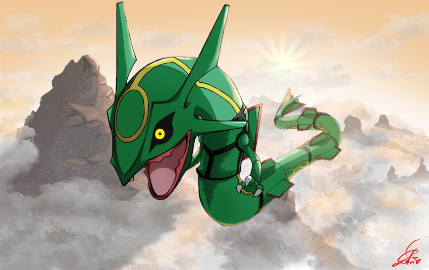 above_clouds animal_focus backlighting black_sclera claws cloud colored_sclera commentary_request dragon eastern_dragon floating full_body mountain no_humans numeito open_mouth orange_sky outdoors pokemon pokemon_(creature) rayquaza sky solo sunlight sunrise yellow_eyes