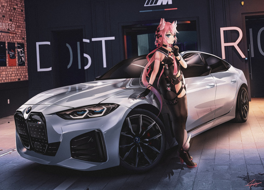 1girl :o black_footwear black_gloves black_thighhighs blue_eyes blush bmw bmw_i4 breasts car commission fingerless_gloves gloves hair_between_eyes high_heels highres indie_virtual_youtuber indoors looking_at_viewer motor_vehicle nougat_(73r1r1) open_mouth sakurada_hane shadow single_leg_pantyhose single_thighhigh small_breasts solo standing thigh_strap thighhighs vehicle_focus virtual_youtuber