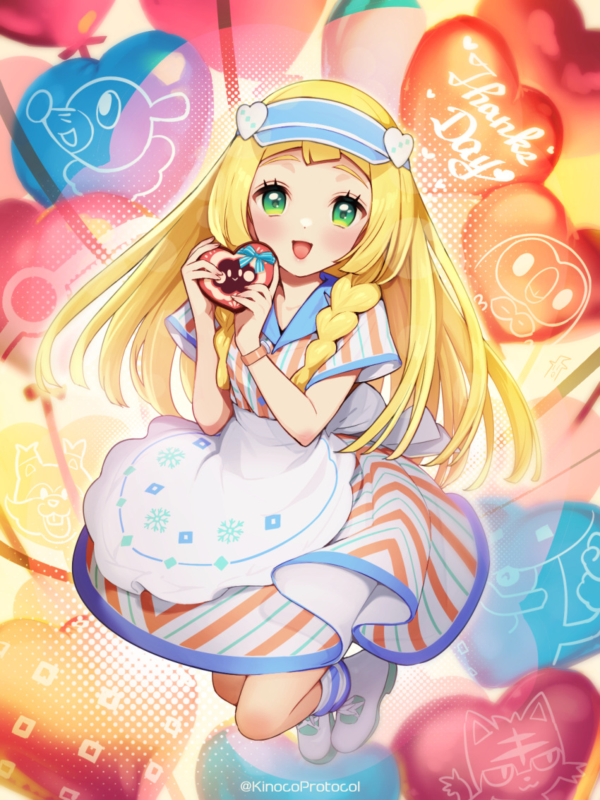 1girl :d apron balloon blonde_hair blue_headwear braid candice_(palentine's_2024)_(pokemon) candice_(pokemon) candice_(pokemon)_(cosplay) candy character_balloon character_food chocolate cosmog cosplay dress eyelashes food full_body galarian_darmanitan galarian_darmanitan_(zen) greedent green_eyes heart heart-shaped_chocolate heart_balloon highres kinocopro lillie_(pokemon) litten long_hair looking_at_viewer open_mouth pokemon pokemon_masters_ex pokemon_sm popplio rowlet shoes short_sleeves smile solo striped_clothes striped_dress twin_braids twitter_username visor_cap waist_apron white_apron white_footwear